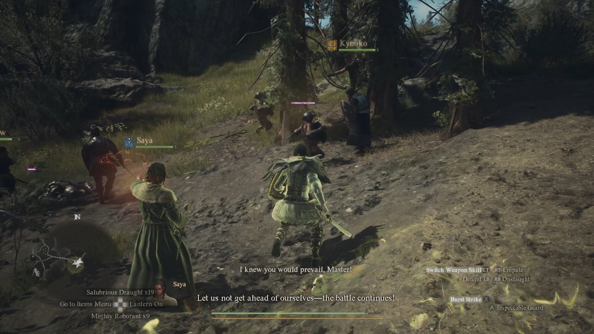 The player in Dragon's Dogma 2 and their band of pawns fights against a group of goblins in the woods. - 8