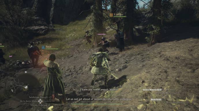The player in Dragon’s Dogma 2 and their band of pawns fights against a group of goblins in the woods.