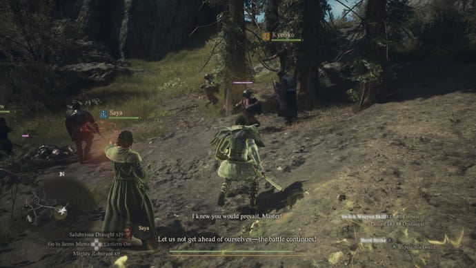 The player in Dragon's Dogma 2 and their band of pawns fights against a group of goblins in the woods.