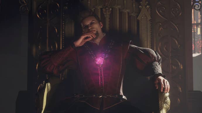 The false Arisen sits on the throne with the Godsway around his neck in a Dragon’s Dogma 2 cutscene.