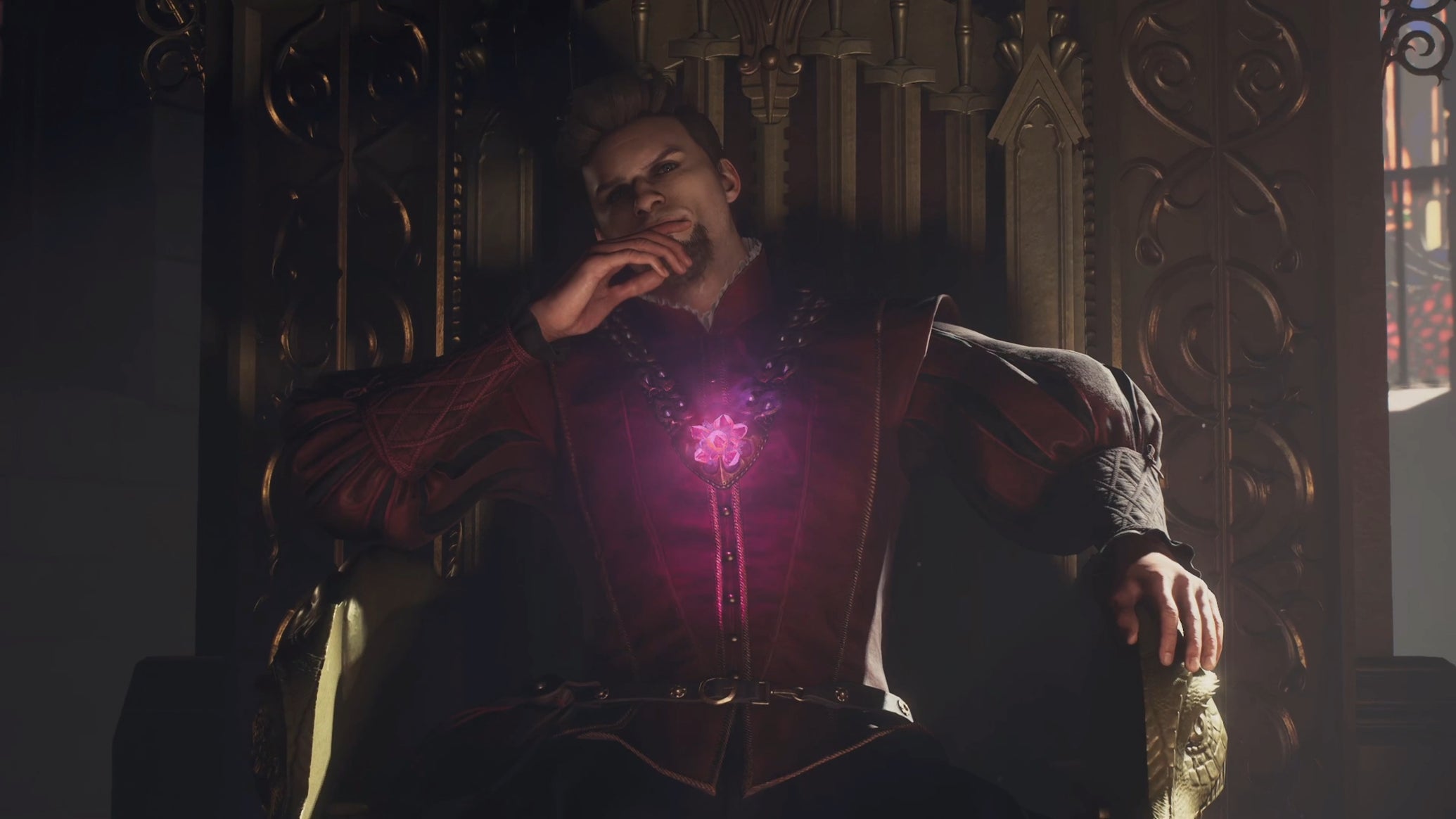 The false Arisen sits on the throne with the Godsway around his neck in a Dragon's Dogma 2 cutscene. - 1