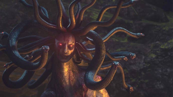 A close-up of a Gorgon’s face in Dragon’s Dogma 2.