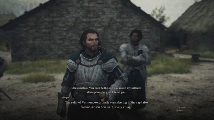 The player speaks to a guard named Gregor in Dragon's Dogma 2.