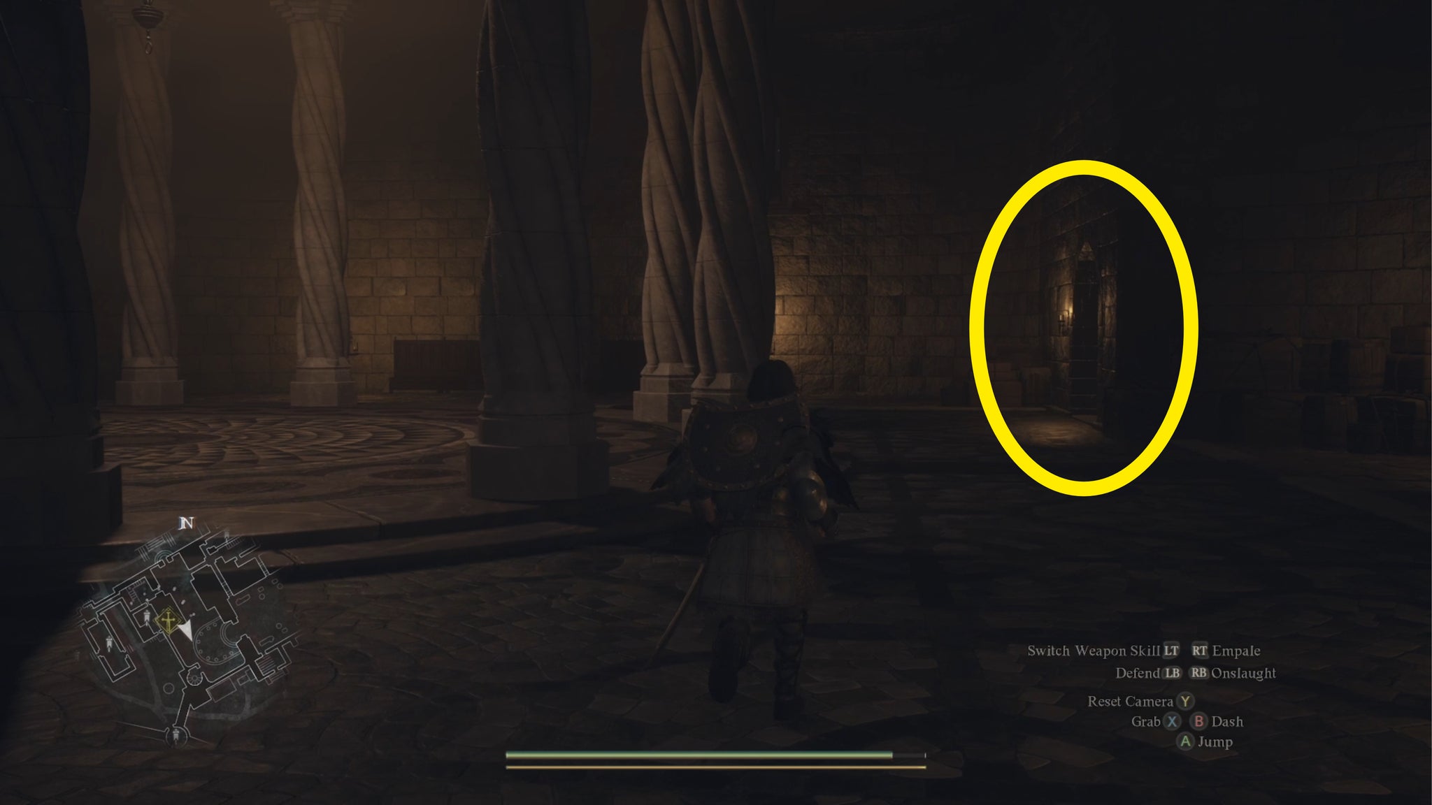 The player runs through the Guardhouse in Vernworth Castle in Dragon's Dogma 2 towards a side passage annotated with a yellow circle. - 5