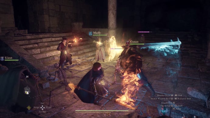 The player fighting monsters in the dark in Dragon's Dogma 2