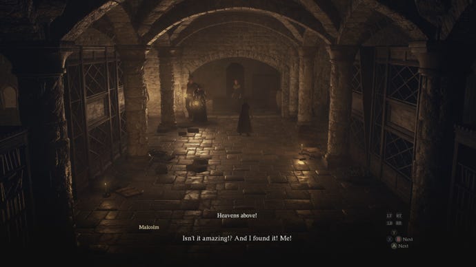 An establishing shot of a hidden, dimly lit library in a cutscene of a Dragon's Dogma 2 side-quest.