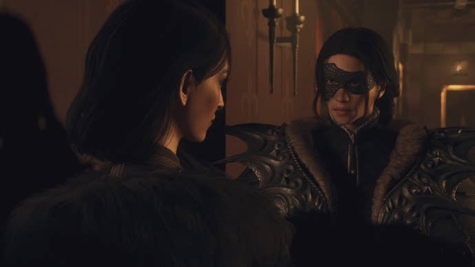 The player character in Dragon’s Dogma 2, clad in an Eventide Mask, speaks to the character Wilhelmina in a cutscene.