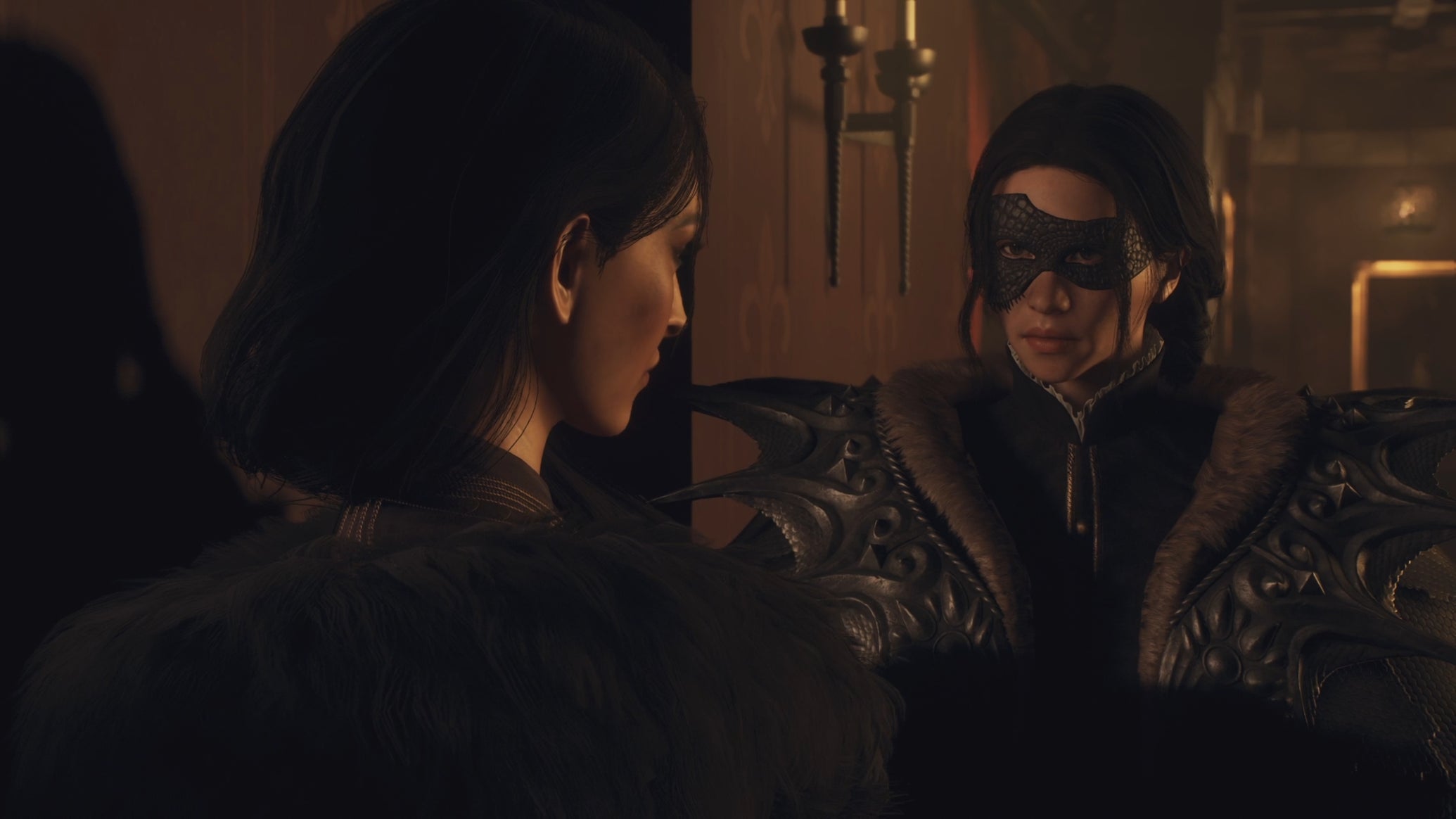 The player character in Dragon's Dogma 2, clad in an Eventide Mask, speaks to the character Wilhelmina in a cutscene. - 1