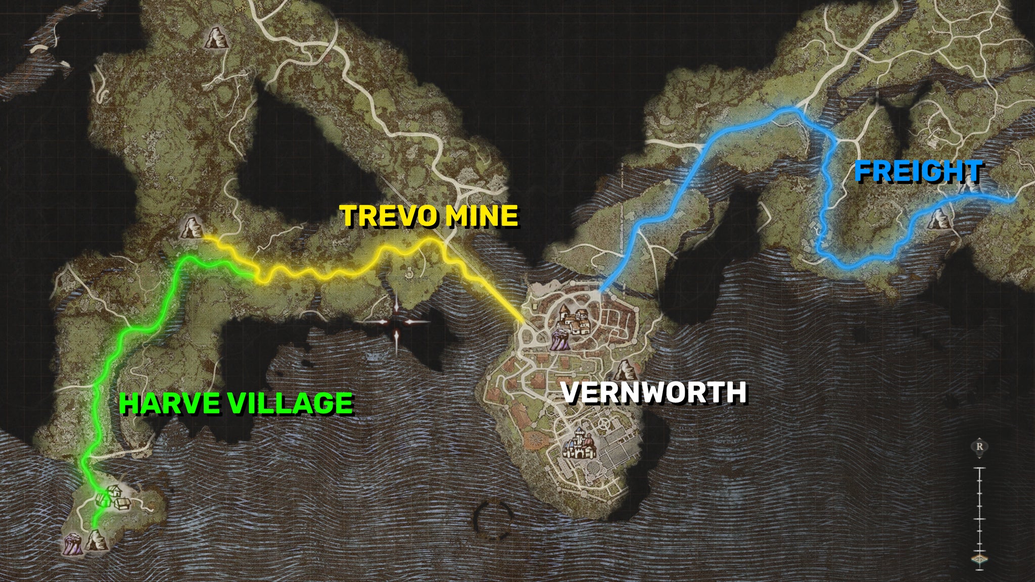 A section of the Dragon's Dogma 2 map around Vernworth, with the routes required to complete the Monster Culling quest highlighted in different colours. - 4