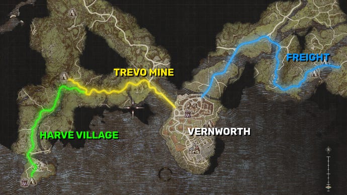 A section of the Dragon's Dogma 2 map around Vernworth, with the routes required to complete the Monster Culling quest highlighted in different colours.