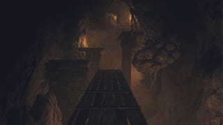 An establishing shot of the obstacle course of seesaws and boulders in the Nameless Village Depths in Dragon's Dogma 2.