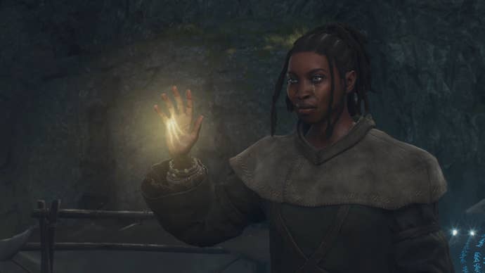 A pawn is summoned and raises her hand in greeting in Dragon’s Dogma 2.