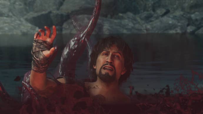 A close-up of Rook, a pawn in Dragon’s Dogma 2, being swallowed by the Brine in a pond.