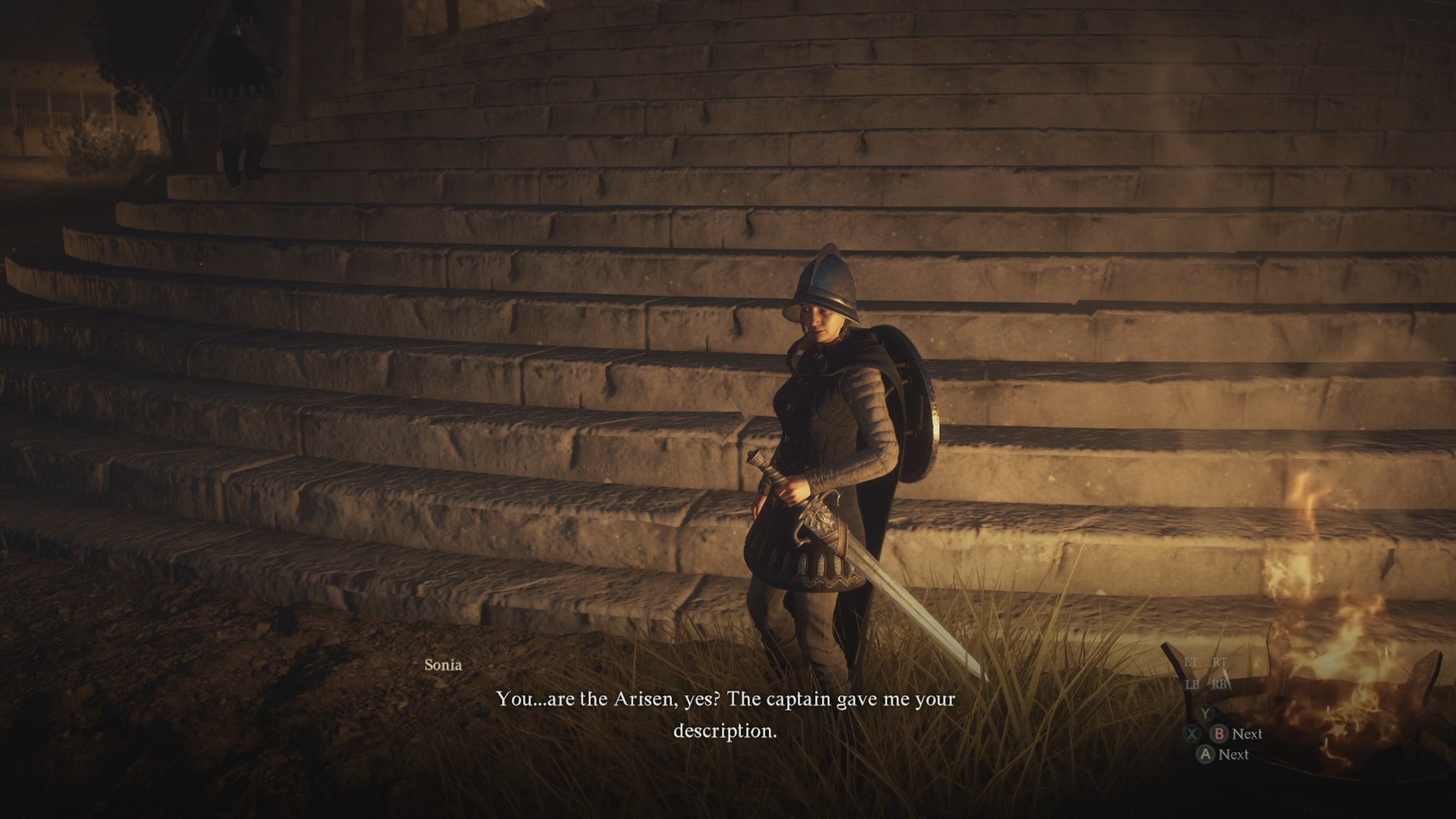 The player meets with Sonia the guard at night in Dragon's Dogma 2. - 4