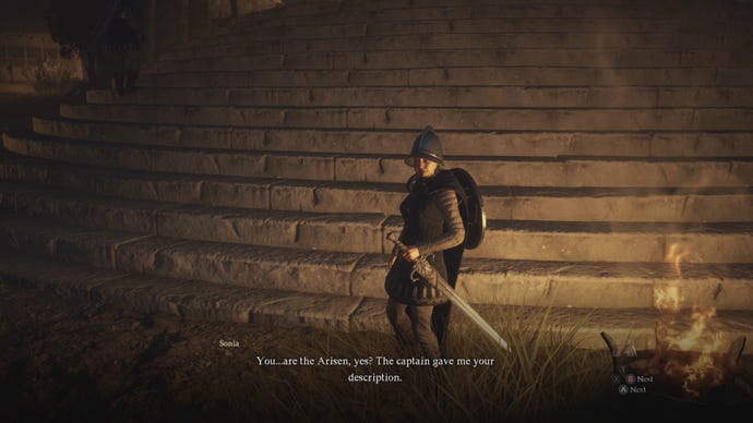 The player meets with Sonia the guard at night in Dragon's Dogma 2.