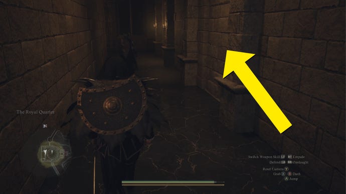 An annotated screenshot of a hidden passage at the back of Vernworth Hall in Dragon's Dogma 2.