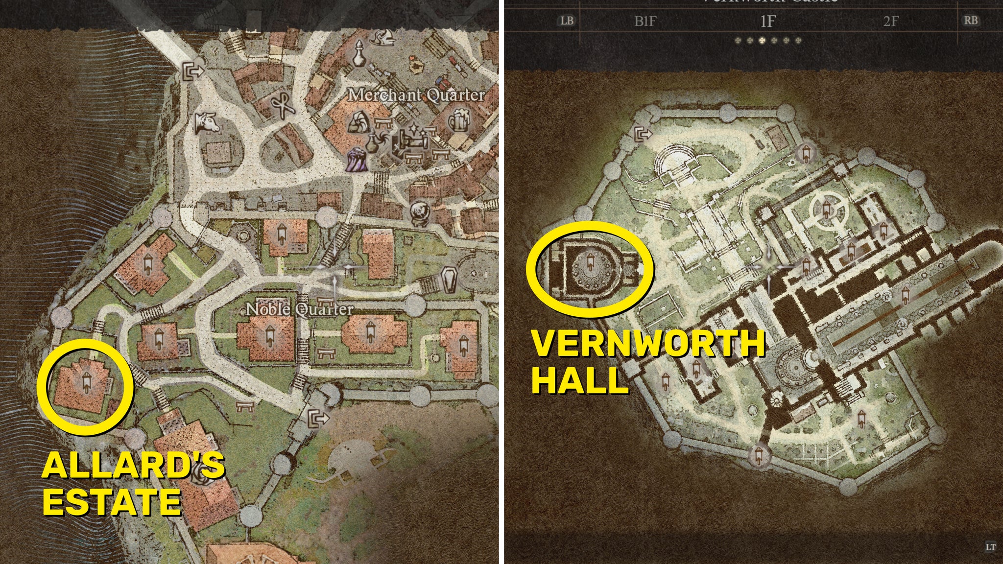 Two side-by-side maps of Vernworth city and Vernworth Castle in Dragon's Dogma 2, with the locations of Allard's Estate and Vernworth Hall marked with yellow circles and text. - 11