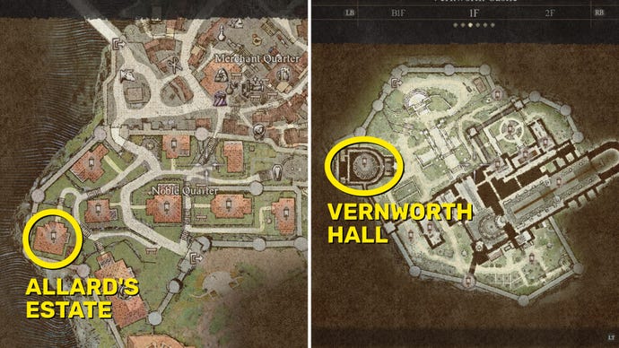 Two side-by-side maps of Vernworth city and Vernworth Castle in Dragon's Dogma 2, with the locations of Allard's Estate and Vernworth Hall marked with yellow circles and text.