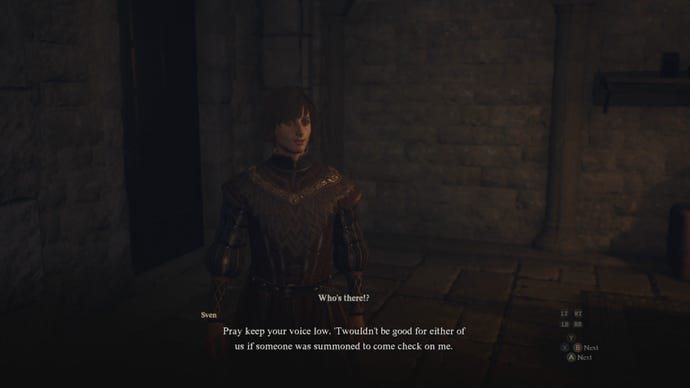 The player speaks to Sven, a key character in Dragon's Dogma 2.