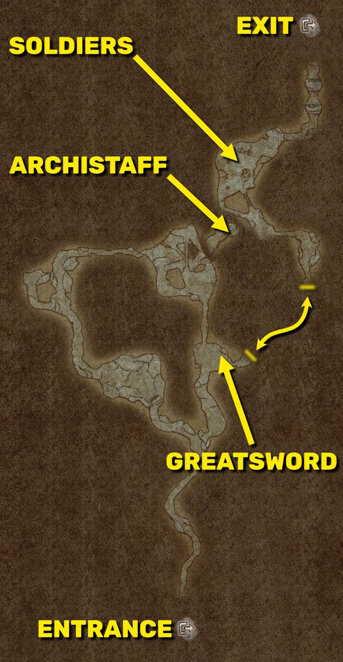 A map of Trevo Mine in Dragon’s Dogma 2, with various locations of importance highlighted in yellow.