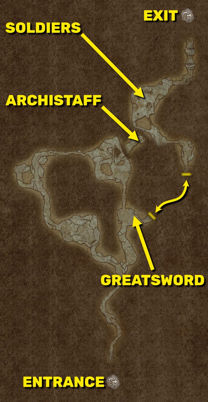 A map of Trevo Mine in Dragon's Dogma 2, with various locations of importance highlighted in yellow.