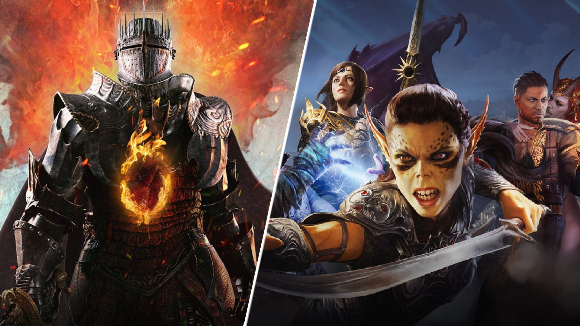 An image split into two panels. On the left: Dragon's Dogma 2's Arisen stands against a fiery background in full armour. On the right: Baldur's Gate 3's Shadowheart, Lae'zel, Wyll, and Mizora. - 1