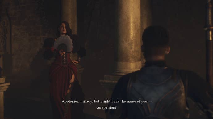 A screenshot from a Dragon’s Dogma 2 cutscene wherein Wilhelmina speaks to a guard at night in Vernworth Castle.