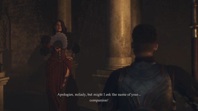 A screenshot from a Dragon's Dogma 2 cutscene wherein Wilhelmina speaks to a guard at night in Vernworth Castle.