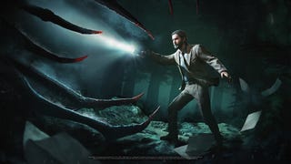 Dead by Daylight Alan Wake artwork showing Alan Wake shining a torch at a monster.