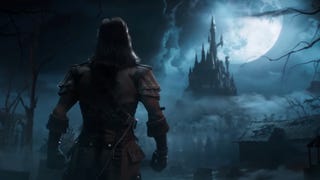 An image from Dead by Daylight's Castlevania collaboration trailer showing Trevor Belmont from behind as he stares out across a valley at Dracula's fog-shrouded castle, looming beneath a vast full moon.