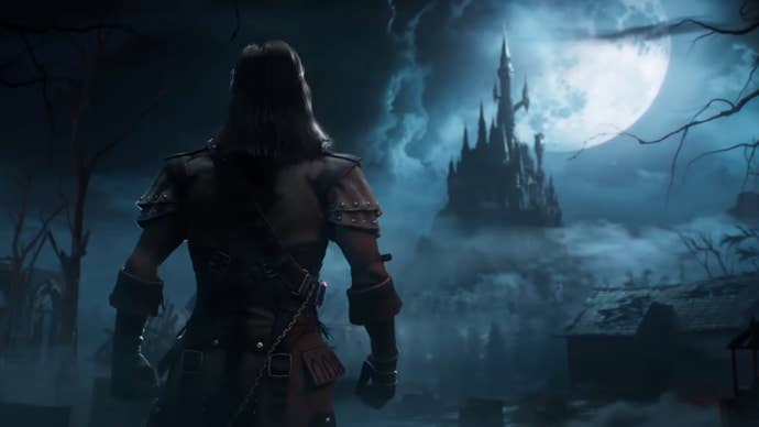 An image from Dead by Daylight’s Castlevania collaboration trailer showing Trevor Belmont from behind as he stares out across a valley at Dracula’s fog-shrouded castle, looming beneath a vast full moon.
