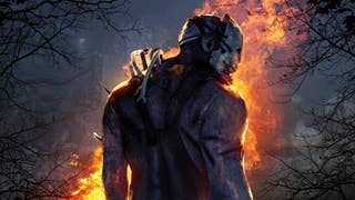 Promotional art showing one of Dead by Daylight's masked killers, silhouetted against a raging fire in the forest.