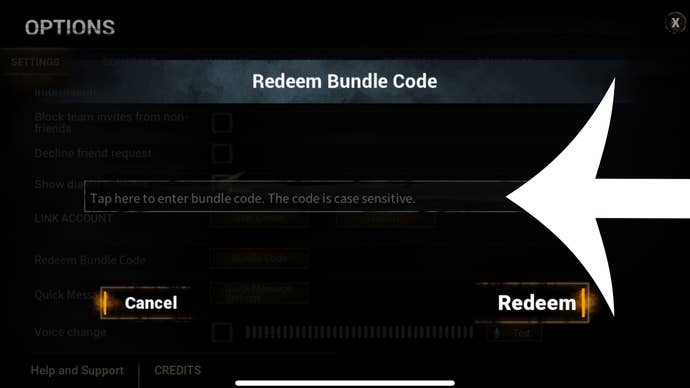 Arrow pointing at the codes menu in Dead by Daylight Mobile.