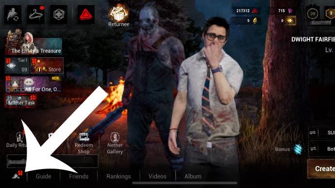 Arrow pointing at the button players have to press to head towards the Settings screen in Dead by Daylight Mobile.
