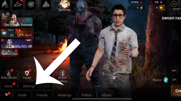 Arrow pointing at the button players have to press to access the Settings screen in Dead by Daylight Mobile.
