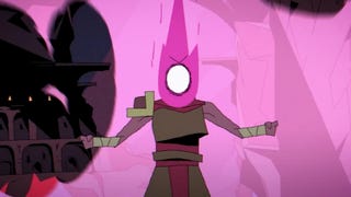 A still from the Dead Cells animated TV series showing protagonist The Beheaded flexing.