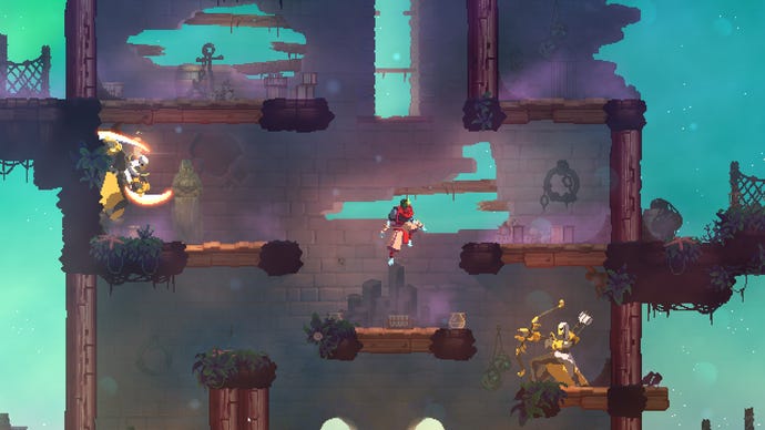 A screenshot from the game Dead Cells. The player’s currently jumping through platforms in an underwater ship, surrounded by enemies.