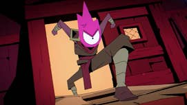 A still from the Dead Cells animated series showing the main character, a person with a purple flame with a single eye for a head, having kicked a door down, angrily stepping forward.