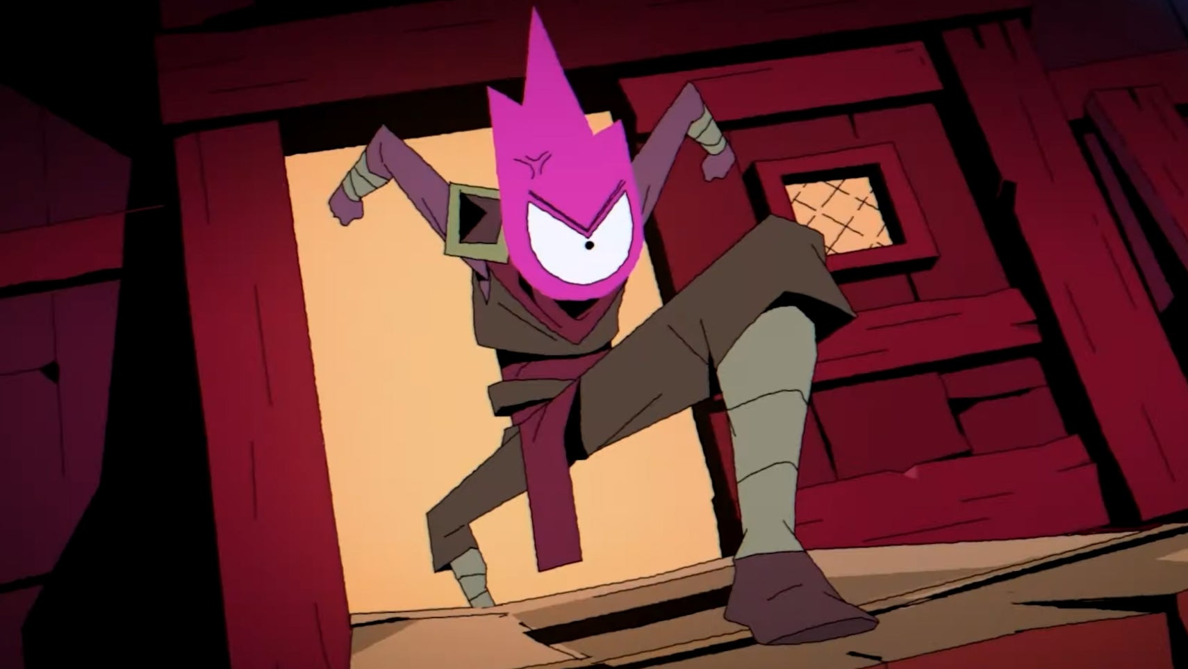 A still from the Dead Cells animated series showing the main character, a person with a purple flame with a single eye for a head, having kicked a door down, angrily stepping forward. - 1
