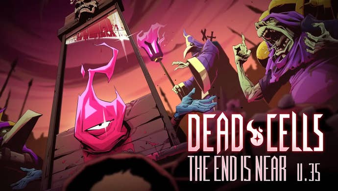The hero of Dead Cells shrugs as he holds his head in a guillotine, with shouting enemies standing nearby, ready to decapitate him.