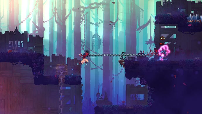 A headless warrior grapples onto a platform in Dead Cells