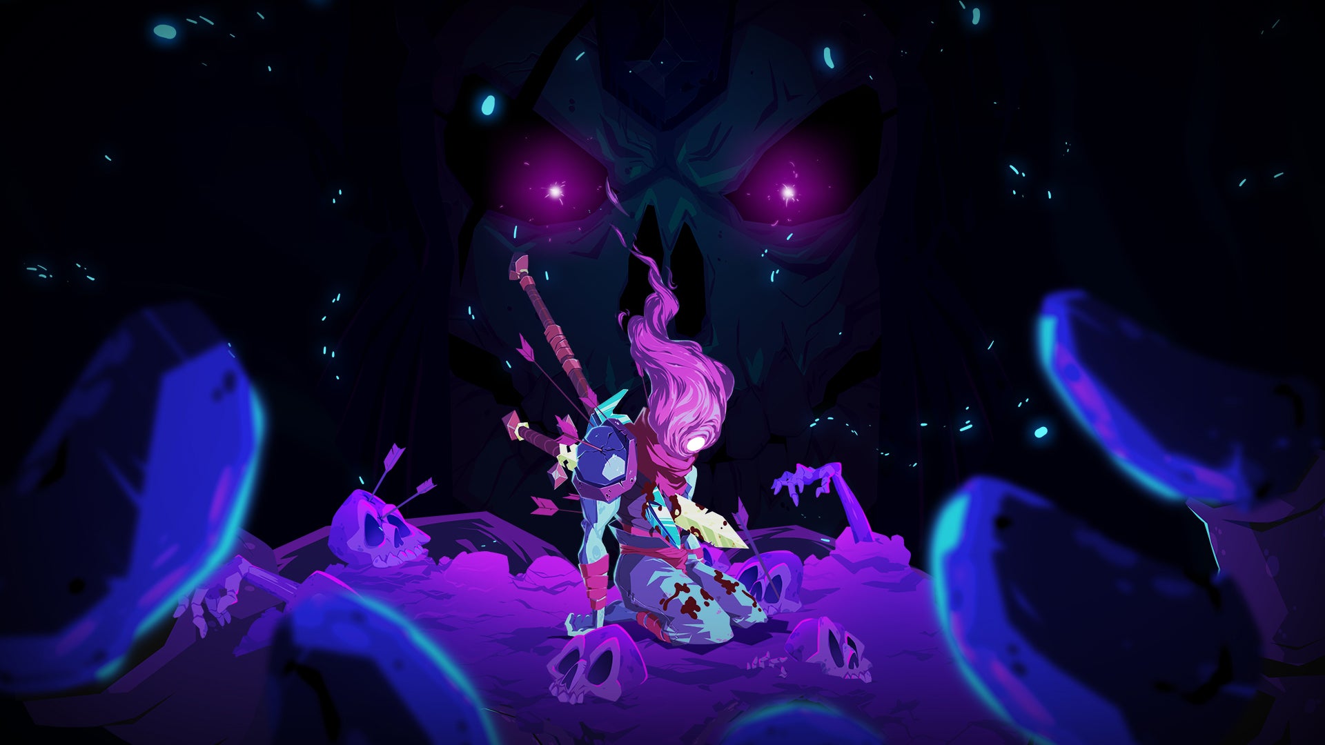 Artwork from Dead Cells, showing its hero with a sword through his chest, in the palm of a moody, mysterious figure - 1