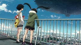 A Still from Dead Dead Demons Dededede Destruction showing Kadode and Oran, two high school girls, stood on a rooftop looking at a large alien spaceship floating over Tokyo.