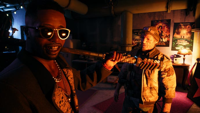 It’s Sam B from Dead Island, now in Dead Island 2! He’s in a very good mood and is holding a big hammer over his shoulder