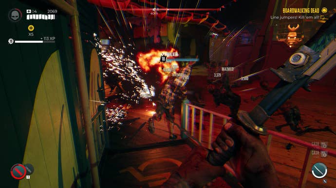 Many zombies being exploded in a screenshot of Dead Island 2 - the word ‘maimed’ is popping up from them a lot