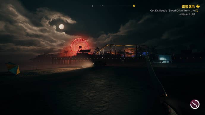 A view of the Santa Monica pier at night, the ferris wheel lit up in red, in Dead Island 2