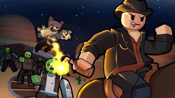 A cowboy running away from zombies in Dead Rails