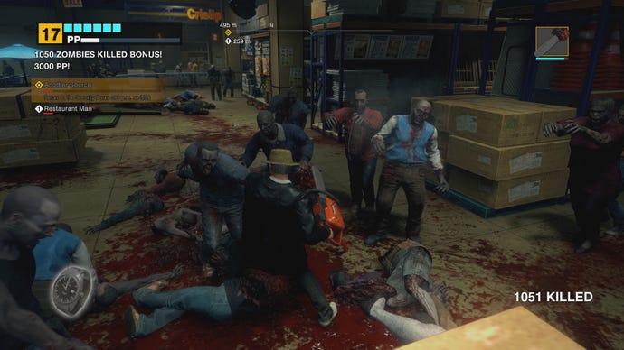 Frank kills zombies with a chainsaw in Dead Rising Deluxe Remaster.