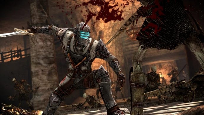 Dead Space’s Isaac Clarke in knights armor slashing through an enemy in Dragon Age 2