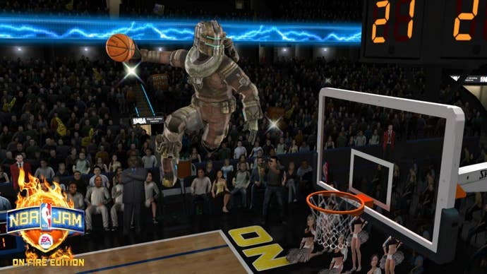 Isaac from Dead Space is in mid-air preparing to dunk a basketball